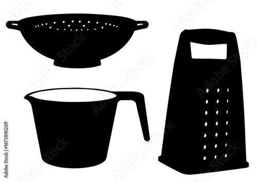 Kitchen utensils silhouette including colander, measuring cup, and grater  set