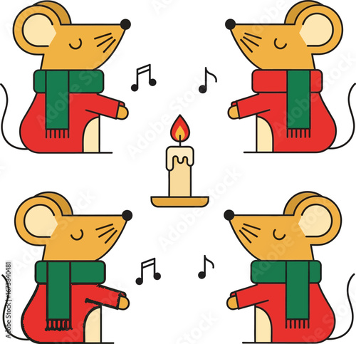 Four mice wearing scarves sing carols around a lit candle  EPS/AI/PNG/JPEG