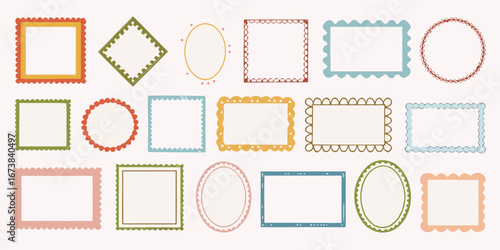 Collection of hand drawn decorative frames and borders in various shapes and colors