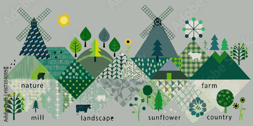 Whimsical countryside landscape with windmills trees animals and flowers in a patchwork style