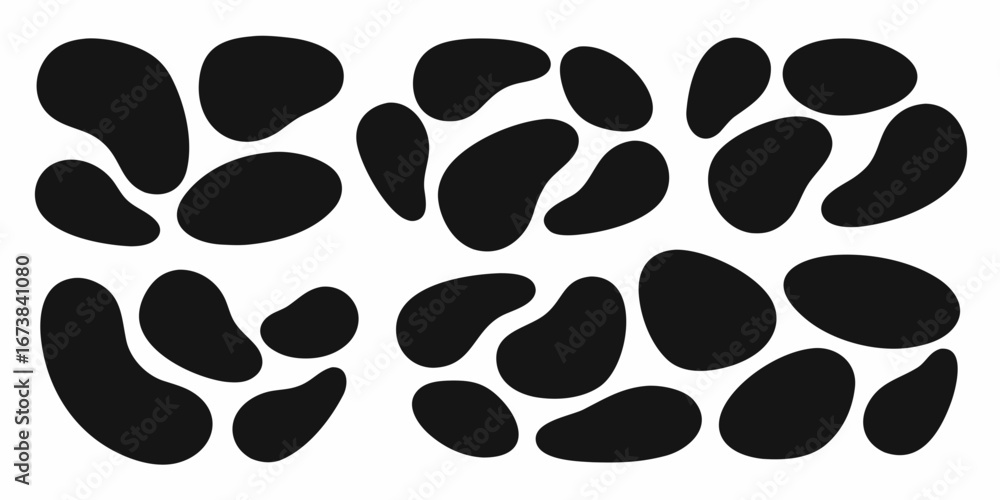 Abstract organic shapes in black on a white background forming a dynamic pattern