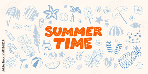 Vibrant summer time lettering surrounded by a playful collection of beach and vacation doodles