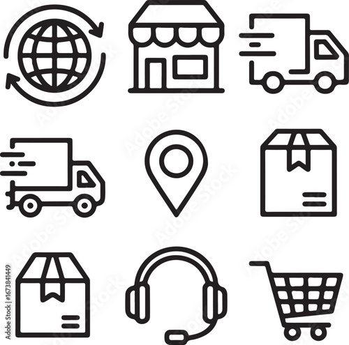 Dropshipping and E-Commerce Doodle Icon Set Outline Vector of Online Store, Global Shipping, Packaging, and Support