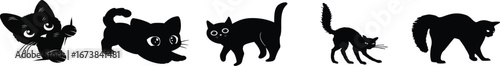 Funny cat icon.Collection of silhouette of funny cats in different poses. Vector illustration isolated on white background. Drawing with children.Halloween damn kittens.Cat is misbehaving and playing