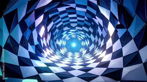 A mesmerizing, abstract, tunnel-like structure with a checkerboard pattern, leading to a bright, central light. 4K seamless looping footage. Animated video 4K UHD.