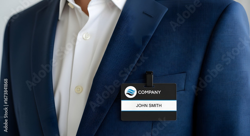 Corporate branding and employee identity mockup with a blank polo shirt, name badge, and professional accessories
