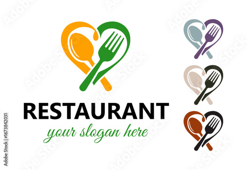 Creative restaurant logo. Combined emblem and hearts spoon and fork. Vector style.