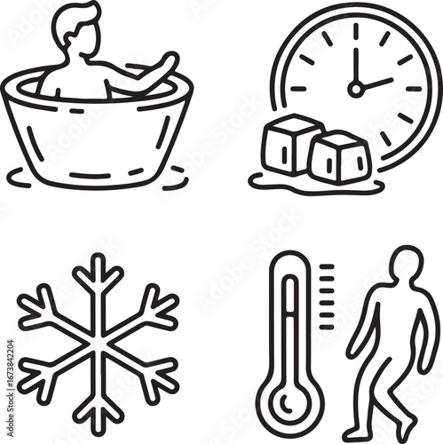 Cold Therapy Doodle Icon Set Outline Vector of Ice Baths, Timers, Snowflakes, and Recovery Practices