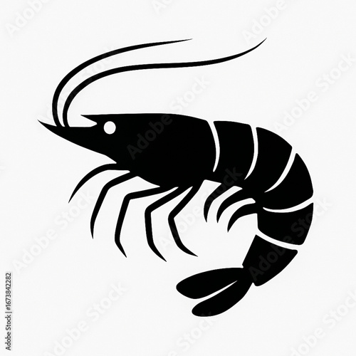 A detailed black silhouette of a shrimp, good for culinary or aquatic themes. White background. Vector art