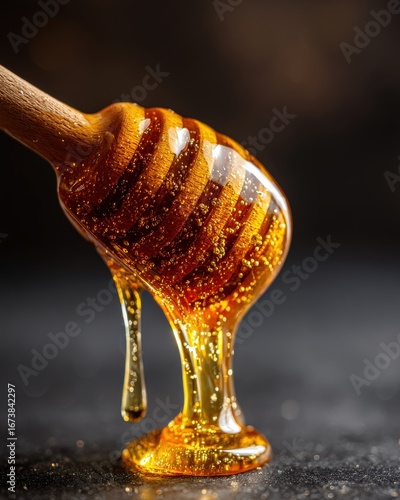 Golden honey dripping from a wooden dipper, captured in a closeup shot with a dark, moody background and a rich, viscous texture