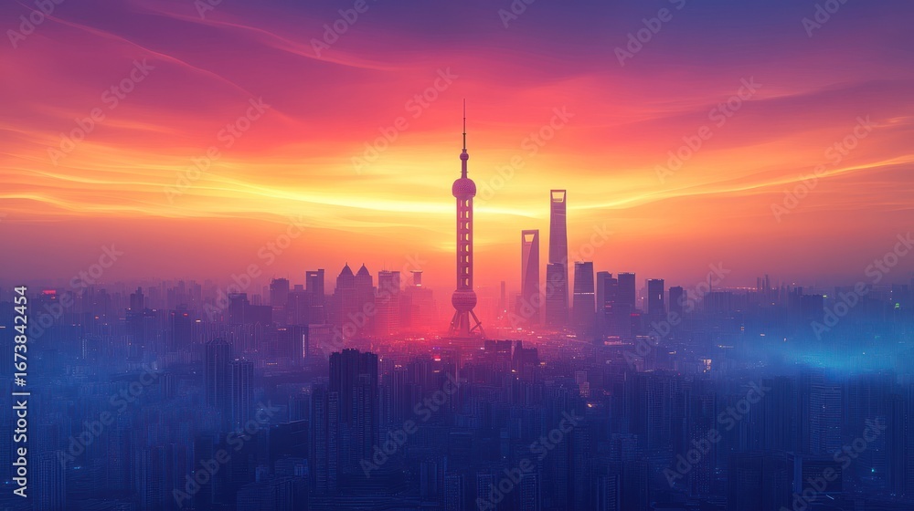 Obraz premium Sunrise over a Chinese city skyline