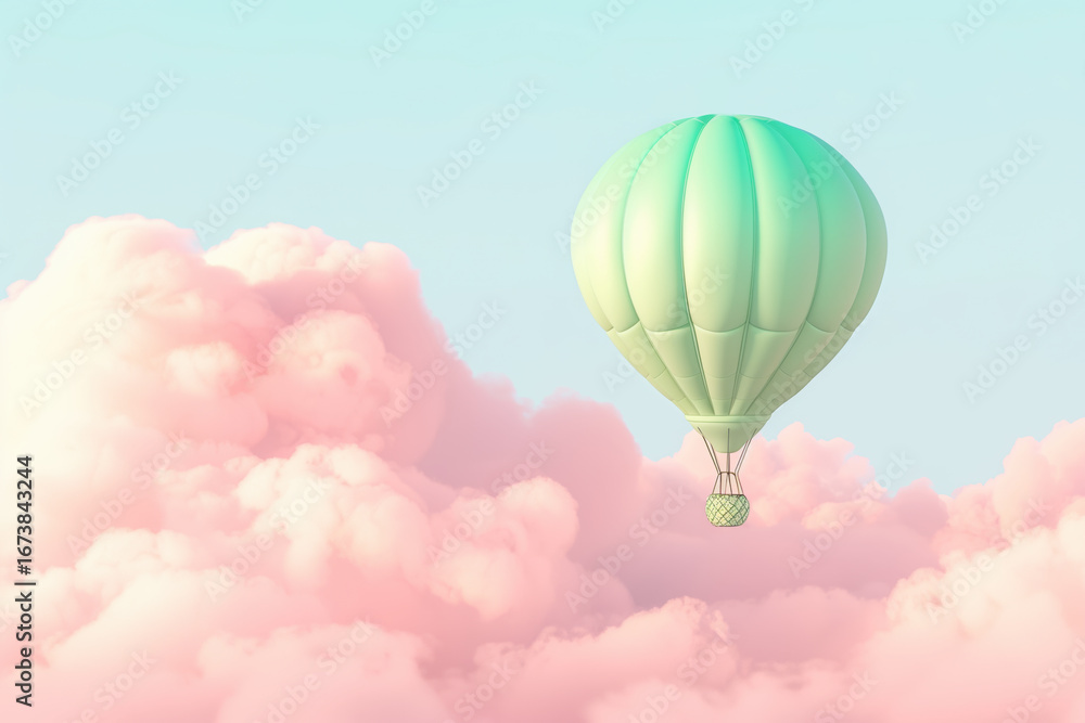 Fototapeta premium Minimalist hot air balloon floating in pastel sky above soft pink clouds. Dreamy and whimsical atmosphere, symbol of freedom, travel and adventure