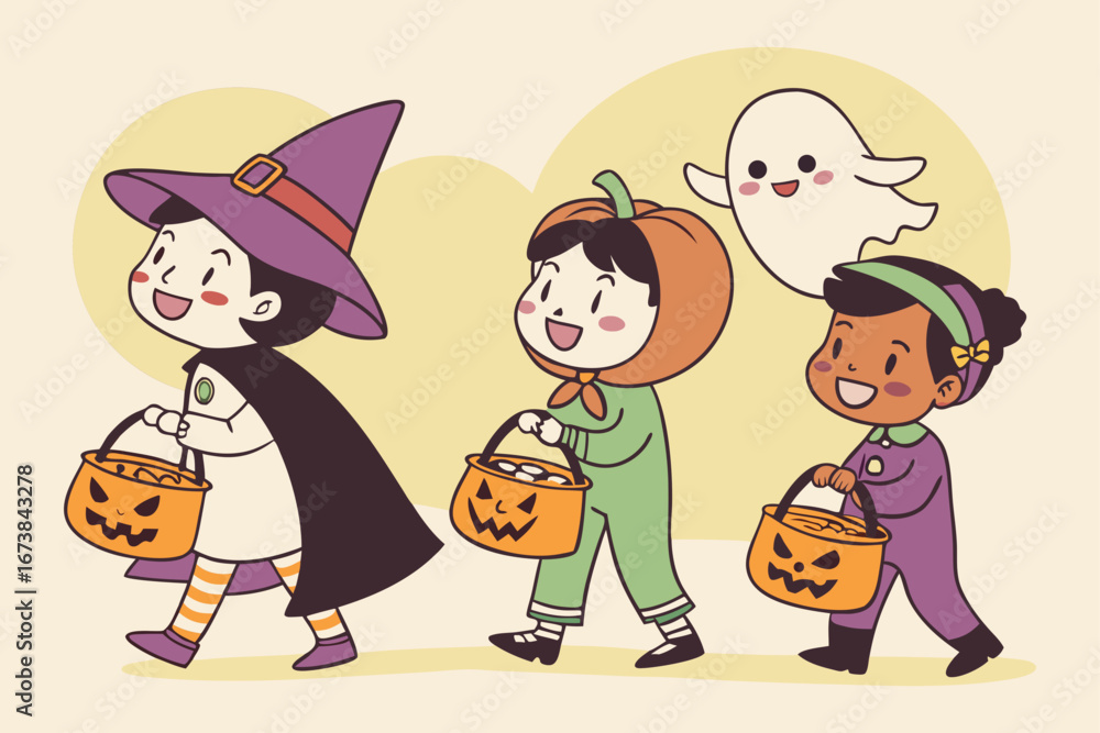 Naklejka premium Happy Children Trick or Treating in Halloween Costumes with Ghost Vector Illustration
