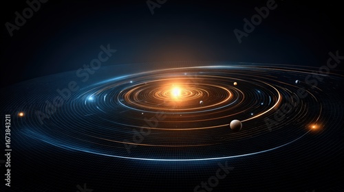 Abstract digital representation of a solar system with glowing planets and orbits against a dark background