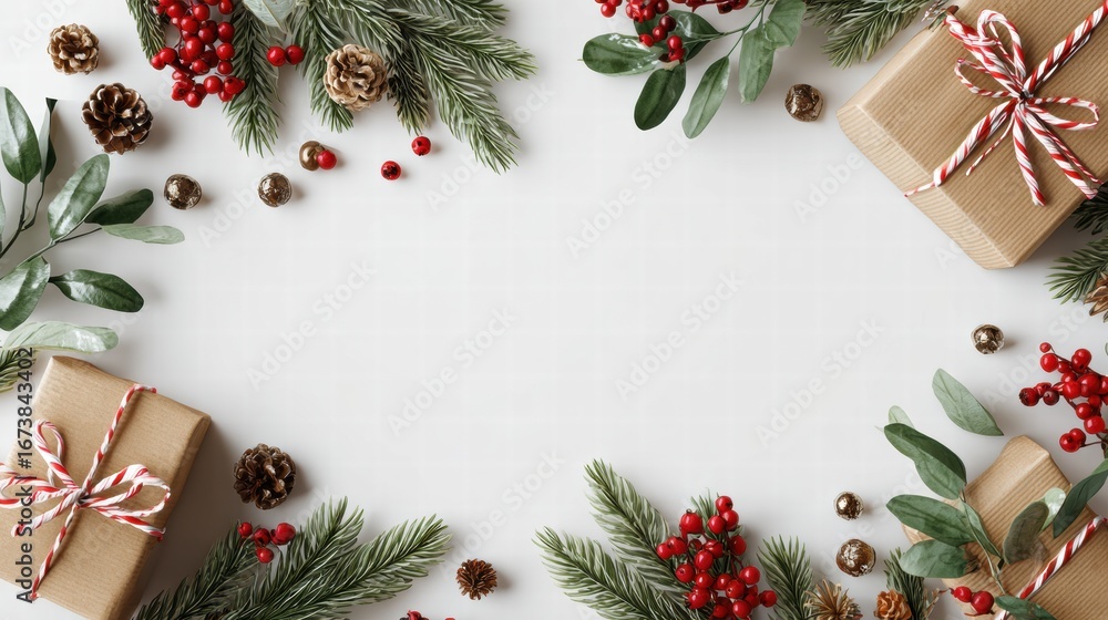 custom made wallpaper toronto digitalHoliday Flat Lay with Wrapped Gifts, Pinecones, Evergreens, and Red Berries