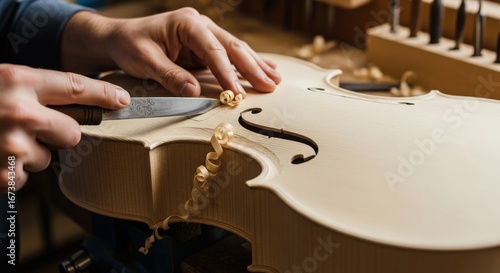 Closeup of a luthier carefully carving the fhole of a violin with a sharp knife, creating wood shavings