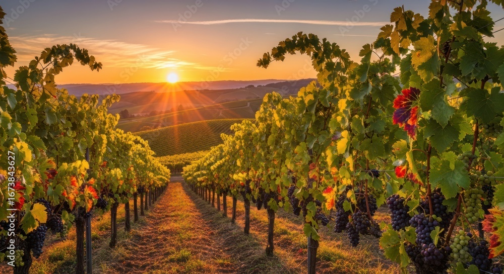 Naklejka premium Vineyard Rows at Sunset: Golden Light on Grapes and Rolling Hills