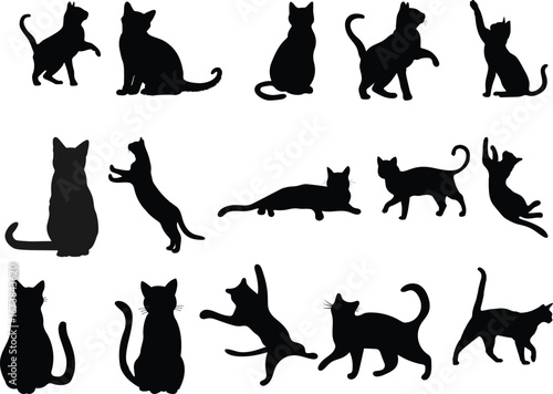 Funny cat icon.Collection of silhouette of funny cats in different poses. Vector illustration isolated on white background. Drawing with children.Halloween damn kittens.Cat is misbehaving and playing