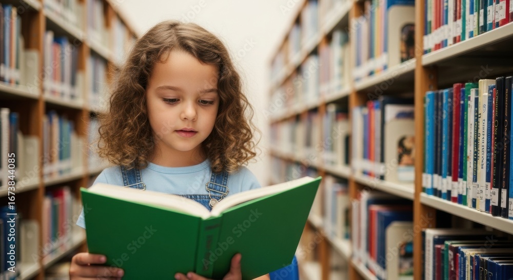 A focused young girl with curly hair stands in a library aisle, reading a book with a green cover, surrounded by bookshelves. A portrait of a curious young reader.