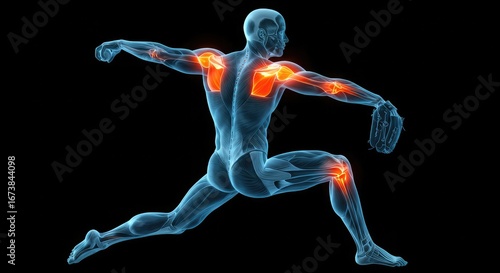 Anatomical illustration of a baseball pitcher highlighting areas of pain and inflammation in the joints and muscles.