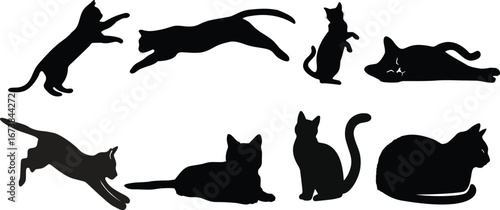 Funny cat icon.Collection of silhouette of funny cats in different poses. Vector illustration isolated on white background. Drawing with children.Halloween damn kittens.Cat is misbehaving and playing