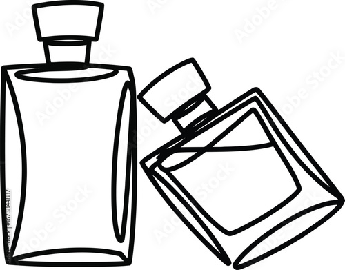 Two distinct glass perfume bottles, one upright, one tilted