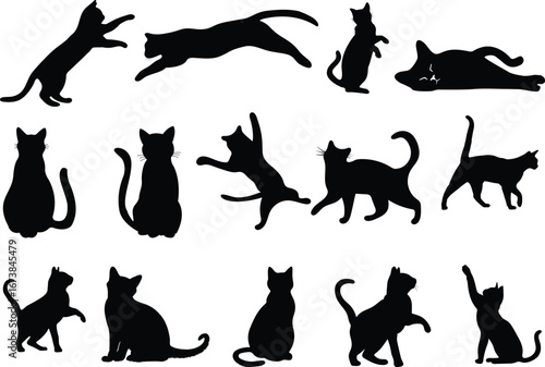 Funny cat icon.Collection of silhouette of funny cats in different poses. Vector illustration isolated on white background. Drawing with children.Halloween damn kittens.Cat is misbehaving and playing