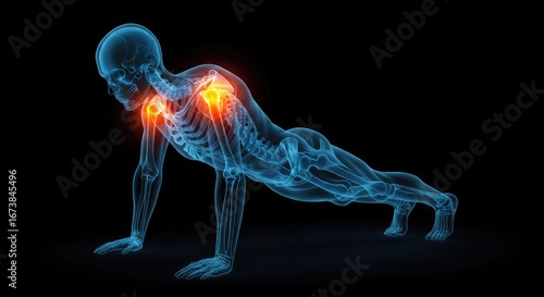 Illustration of a person performing a plank exercise, highlighting shoulder joint pain.