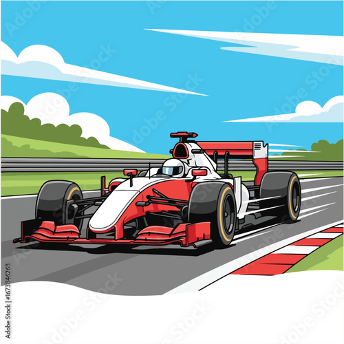 A Formula One race car speeding along a track on a sunny day.