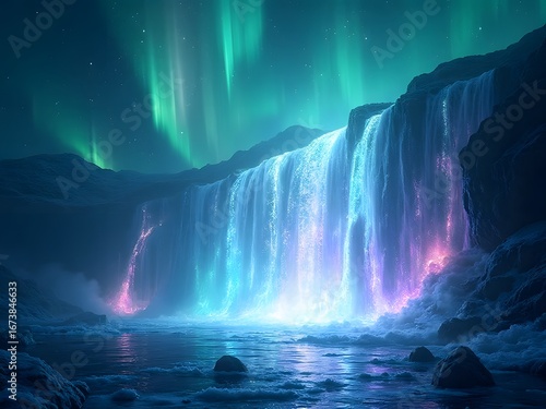 Wallpaper Mural Aurora Sky Waterfall of Shimmering Light: A magical scene where aurora borealis transforms into a radiant waterfall of shimmering lights flowing from the heavens. Torontodigital.ca