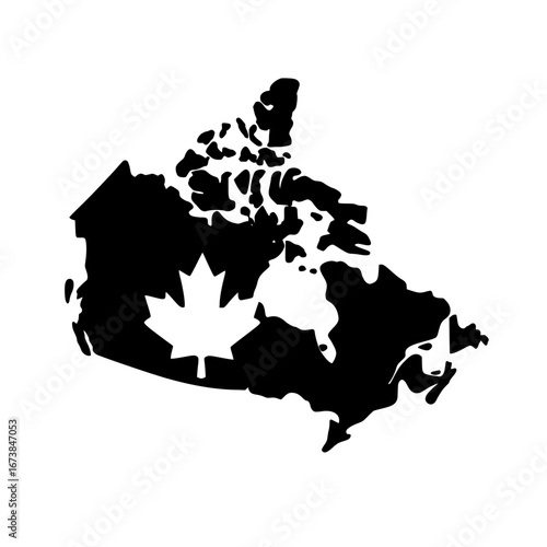 Canada map silhouette with maple leaf for patriotic designs