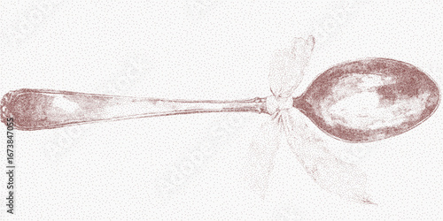 Cute teaspoon with a ribbon bow, gritty line texture and faded stipple, soft paper grain with dust speckles and vintage ink noise.
