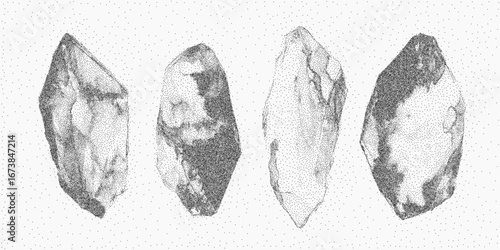 Set of crystals with varied shapes and jagged edges, grainy ink texture with stippled reflections, paper dust and scattered speckle.