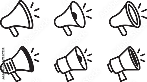 Megaphone outline icon set vector on white background. Megaphone symbol with sound. Megaphone icon collection. Advertising concept on flat line style.
