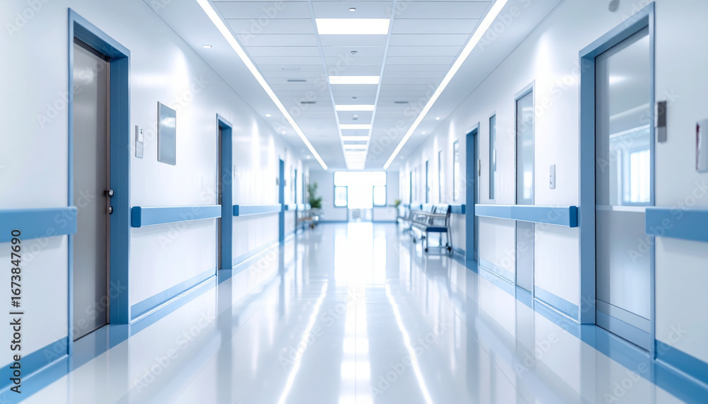 Obraz premium Empty hospital hallway showing modern architecture with bright lighting and sterile environment