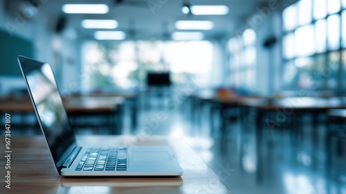 Wallpaper Mural Laptop on Desk in Blurred Environment: A sleek laptop sits open on a desk, inviting focus and concentration in the classroom, set against a blurred background of tables, chairs, and natural light. Torontodigital.ca