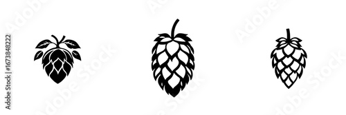 Craft beverage ingredients represented in minimalist black-and-white vector illustrations of hops cones