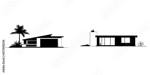 Modern architectural design featuring minimalist black-and-white house silhouettes with palm trees and simple landscaping elements