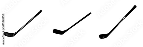 Hockey equipment collection featuring minimalist black-and-white silhouettes of sticks on plain background
