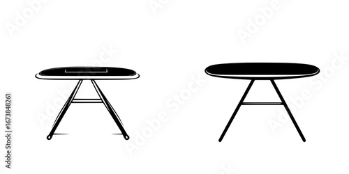 Minimalist black-and-white vector illustration of simple tables with sleek silhouettes in a modern design