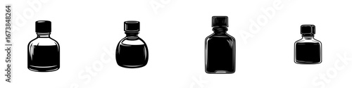Minimalist black-and-white vector illustration of various bottle silhouettes in different sizes