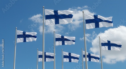 Multiple Finnish Flags Waving on Flagpoles Against Blue Sky – Finland Independence Day 