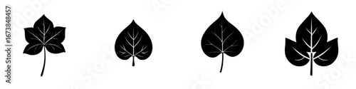 Minimalist vector illustration of assorted leaf silhouettes representing nature and plant diversity in black-and-white design
