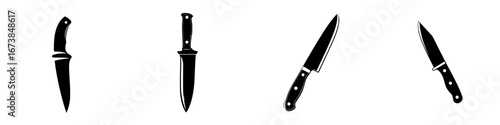 Minimalist black-and-white vector illustration of various knife silhouettes showcasing different styles and shapes