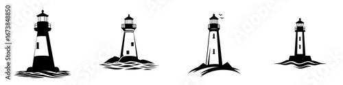 Minimalist black-and-white vector illustration of multiple lighthouses on a calm sea during daytime