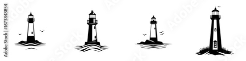 Collection of minimalist black and white lighthouse silhouettes showcasing different designs and styles within a nautical theme