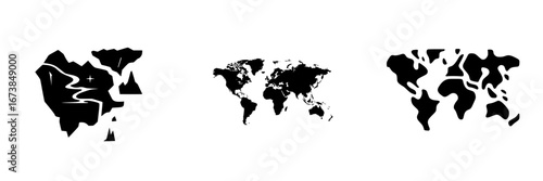 Minimalist vector illustrations of black-and-white world maps showcasing diverse geographic forms and silhouettes