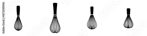 Set of minimalist black-and-white vector illustrations depicting different styles of whisks in a simple silhouette design
