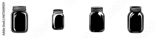 Various sizes of mason jars in black-and-white vector illustration showcasing minimalist design and simple silhouettes
