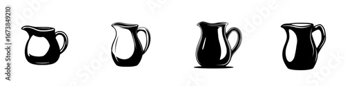 Minimalist vector illustration of black-and-white silhouettes of creamers or small pitchers in various styles